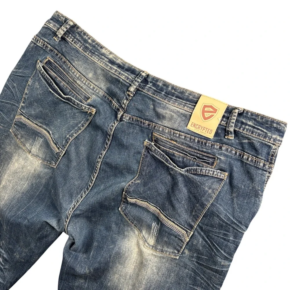 Encrypted Jeans Mens 42 Blue Distressed Whiskered Straight Leg Denim Streetwear